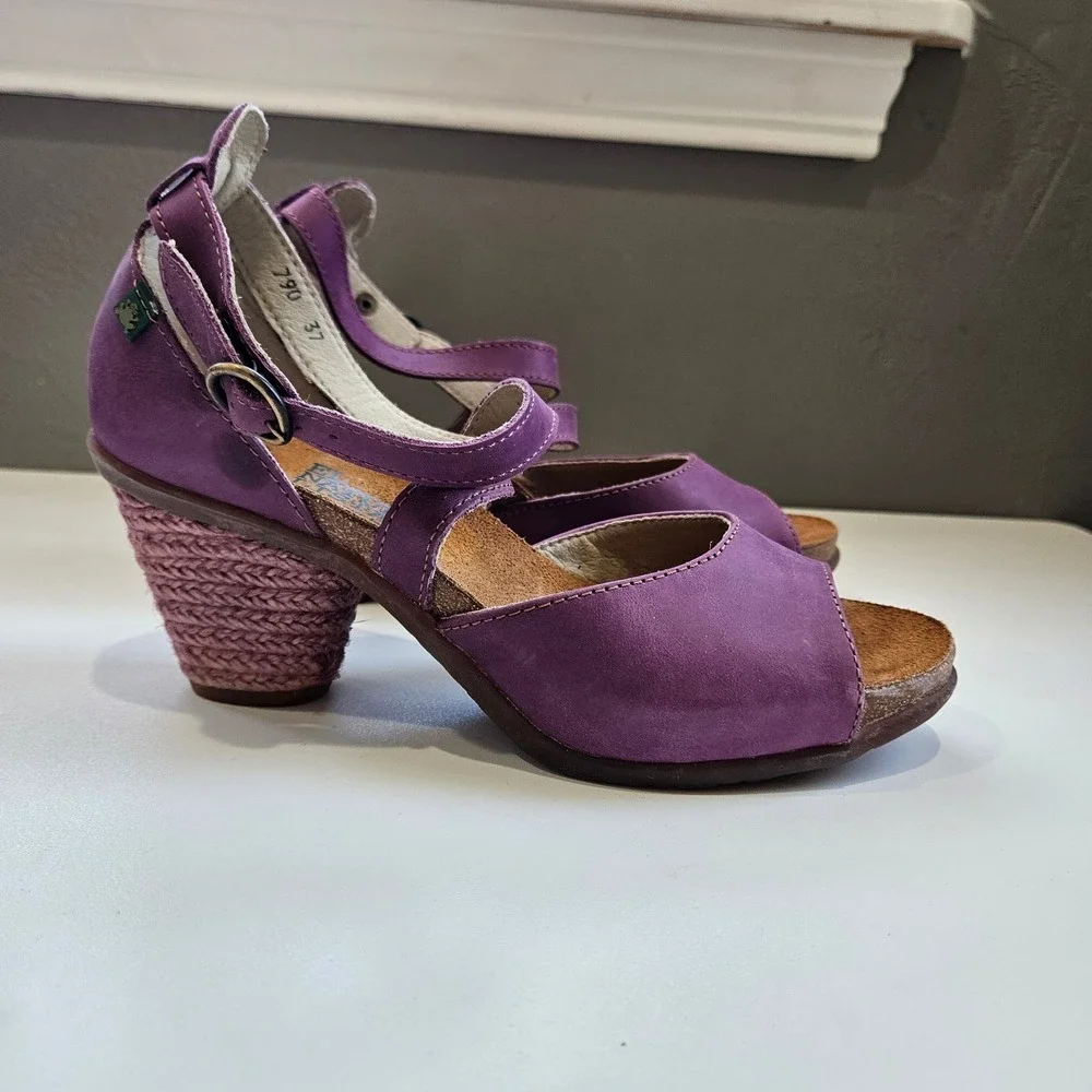 El Naturalista Sandals Heel Purple Leather Mary Jane Peep Toe 37 Wedding Guest